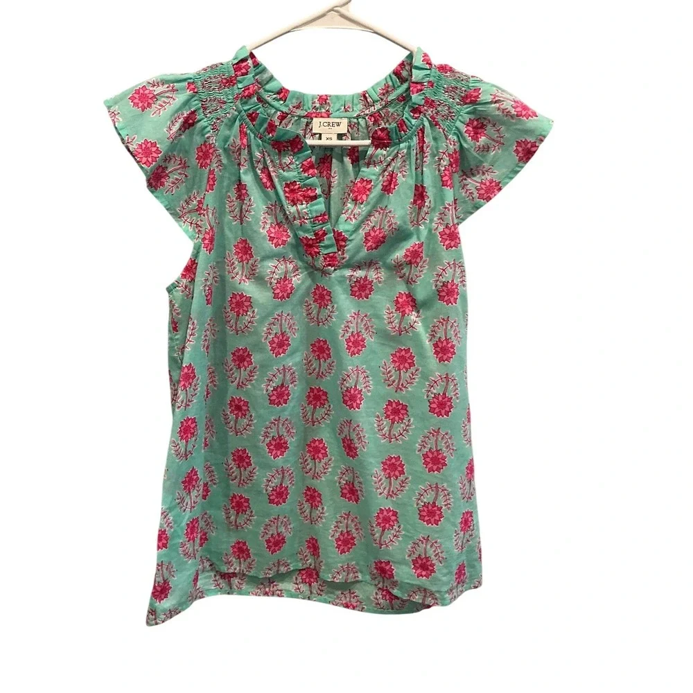 J Crew Womens Flutter Sleeve Cotton Poplin Top Teal Blue Preppy Summer Beach XS